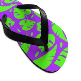 Purple Green Flip Flops, Tropical Leaf Print Unisex Flip-Flops Sandals For Men/ Women- Made in USA