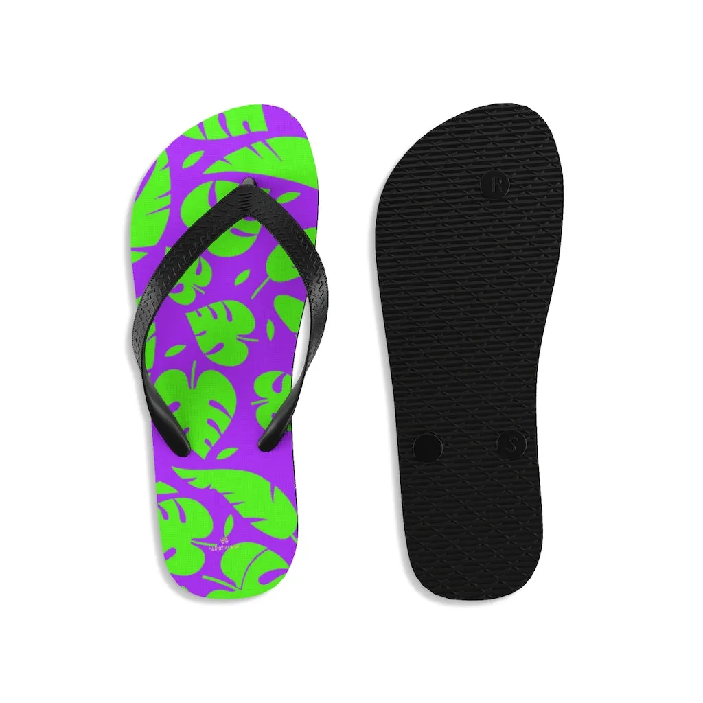 Purple Green Flip Flops, Tropical Leaf Print Unisex Flip-Flops Sandals For Men/ Women- Made in USA