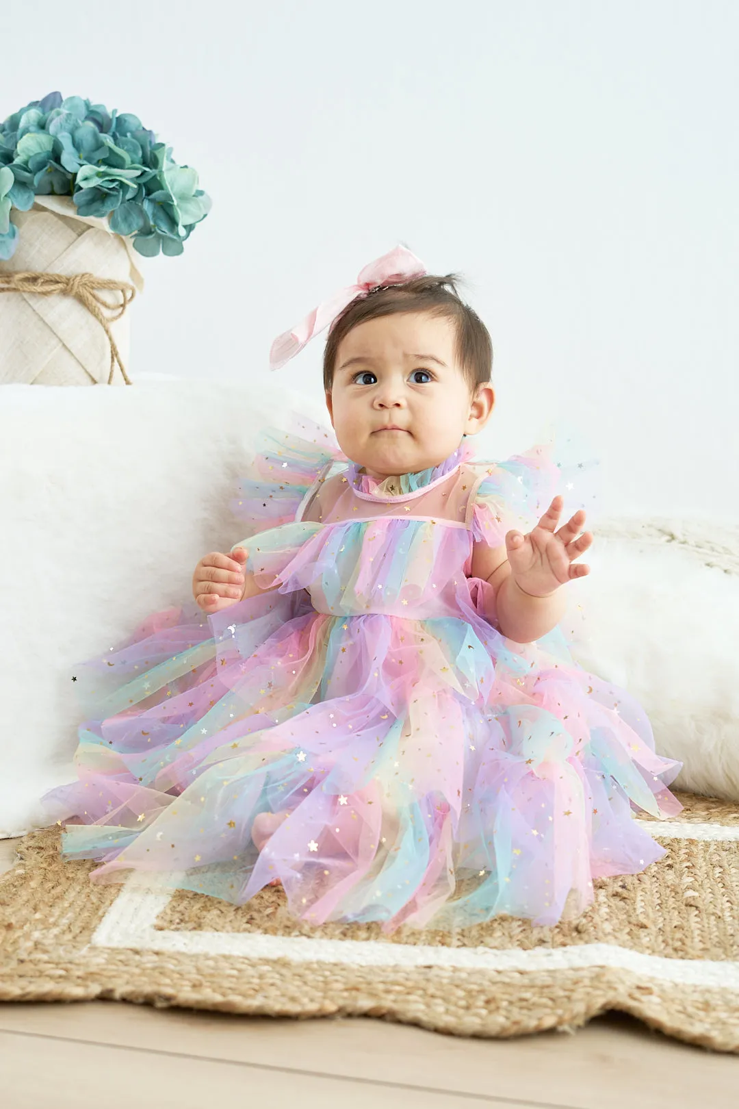 Rainbow star tiered ruffle tulle dress