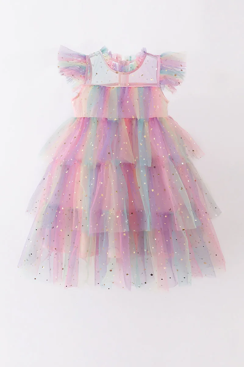 Rainbow star tiered ruffle tulle dress