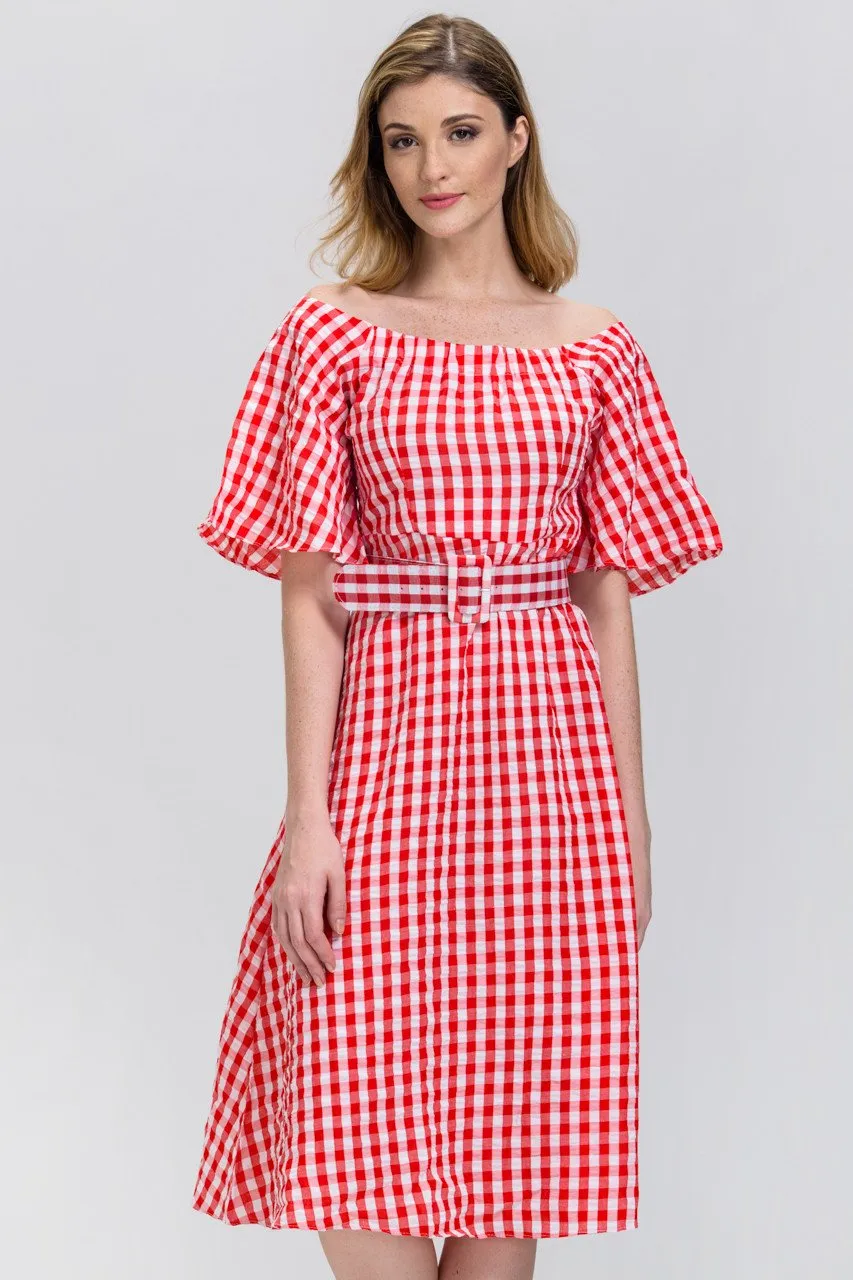 Red Gingham Belted Midi Dress