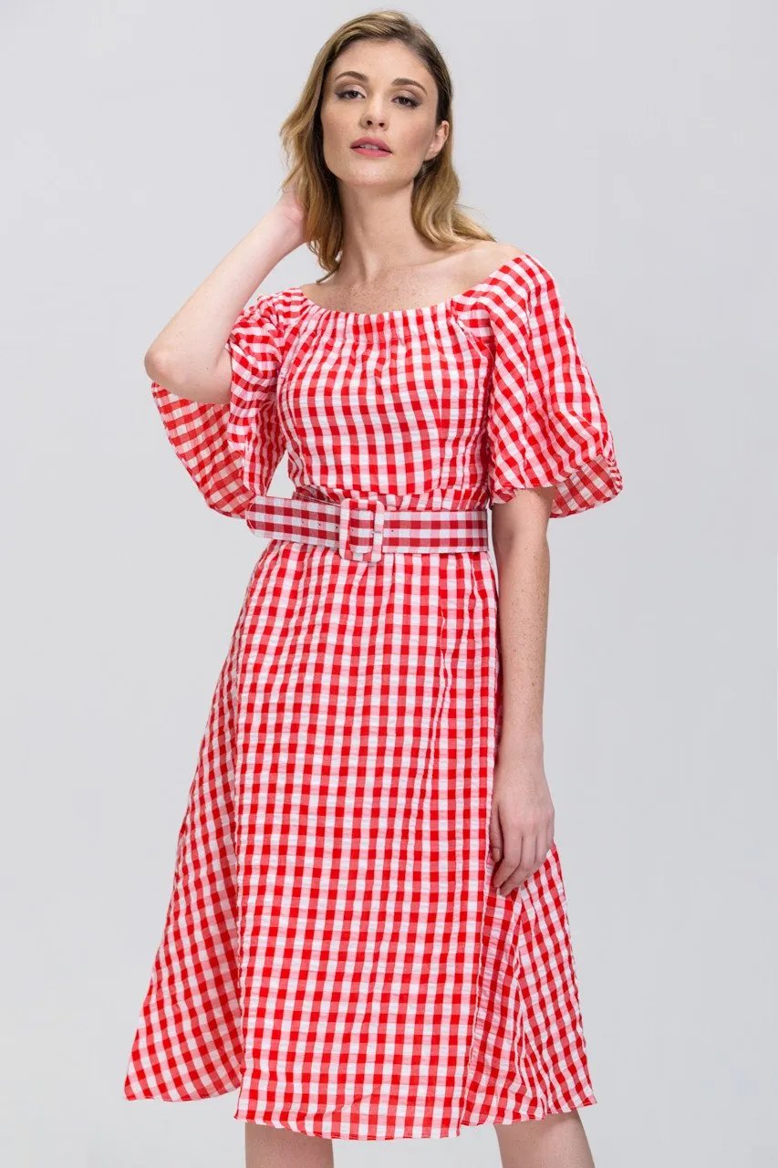 Red Gingham Belted Midi Dress