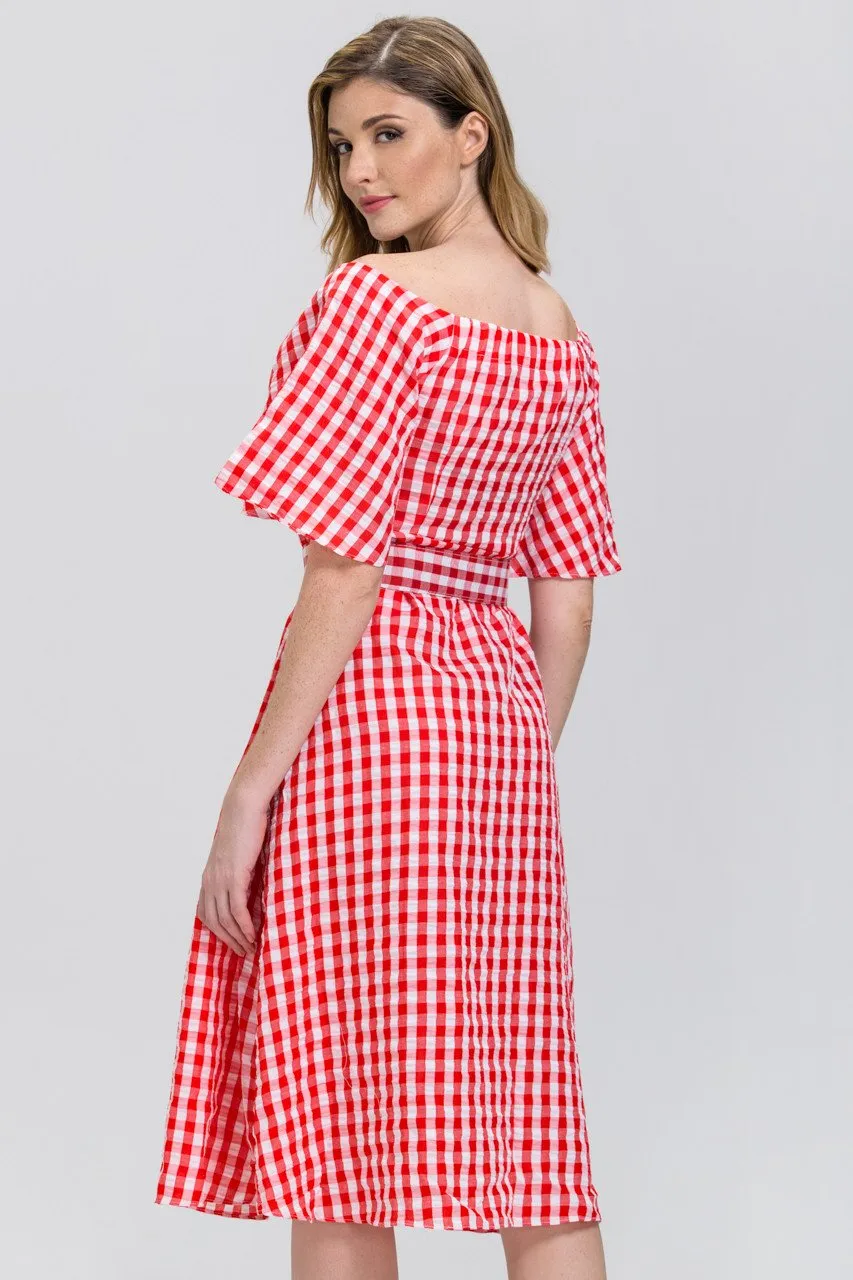 Red Gingham Belted Midi Dress