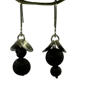 Silver hook earrings with black lava beads