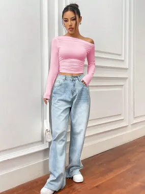 SOLID COLOR ASYMMETRIC COLLAR PLEATED CROPPED TOP