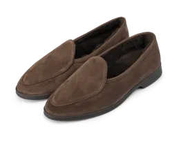 Stride Loafers in Deep Taupe Glove Suede with Shearling Lining Dark Sole