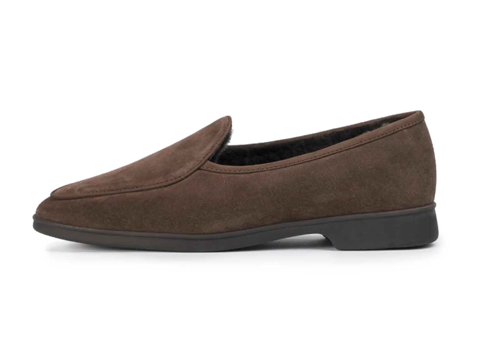 Stride Loafers in Deep Taupe Glove Suede with Shearling Lining Dark Sole