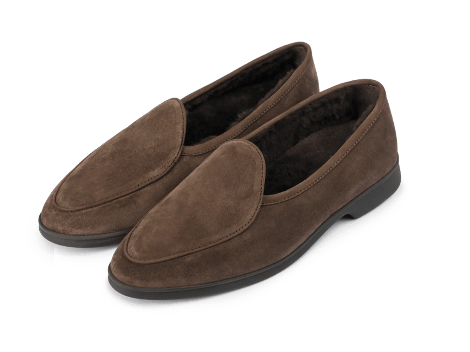 Stride Loafers in Deep Taupe Glove Suede with Shearling Lining Dark Sole