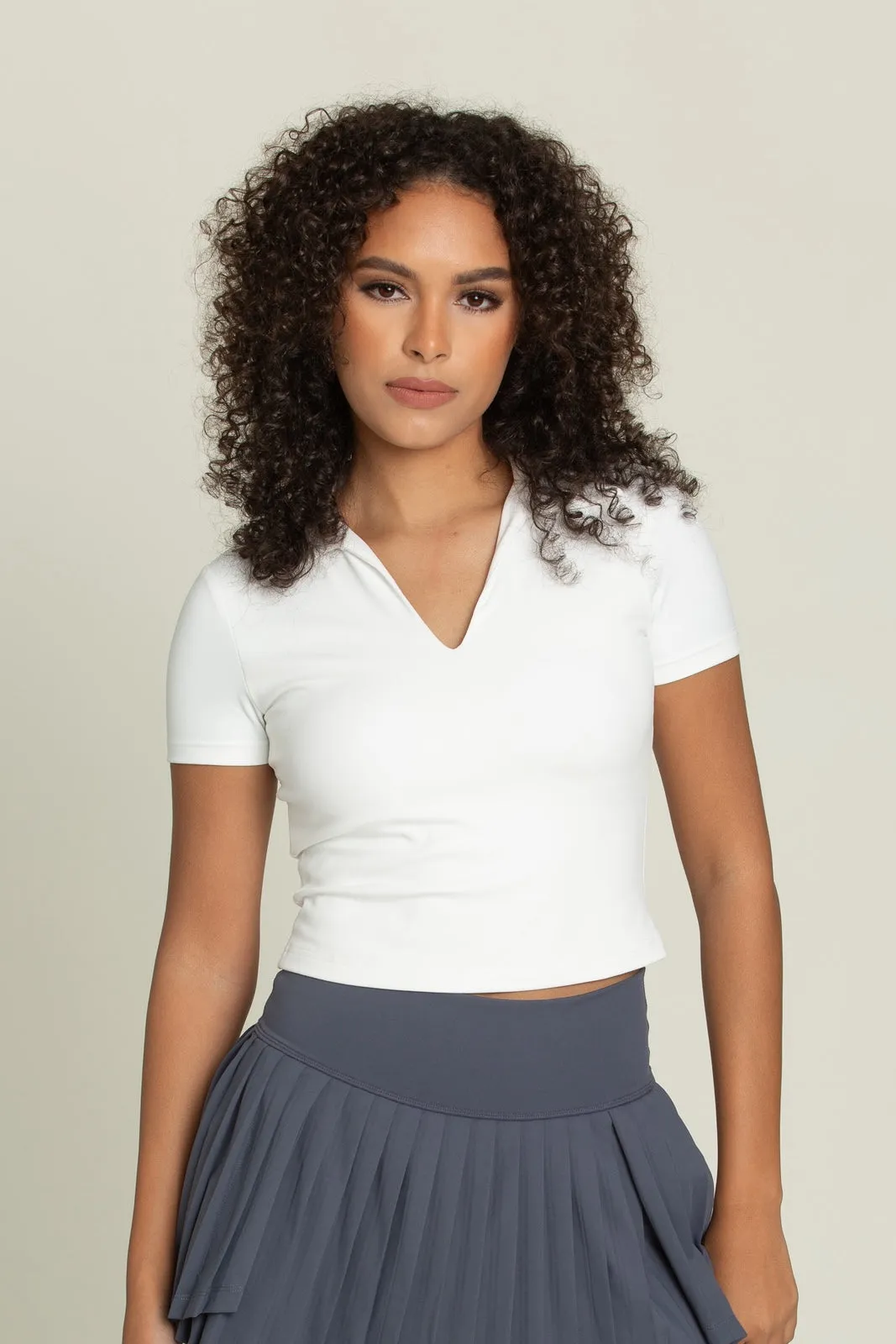 White Preppy V-Neck Polo Top