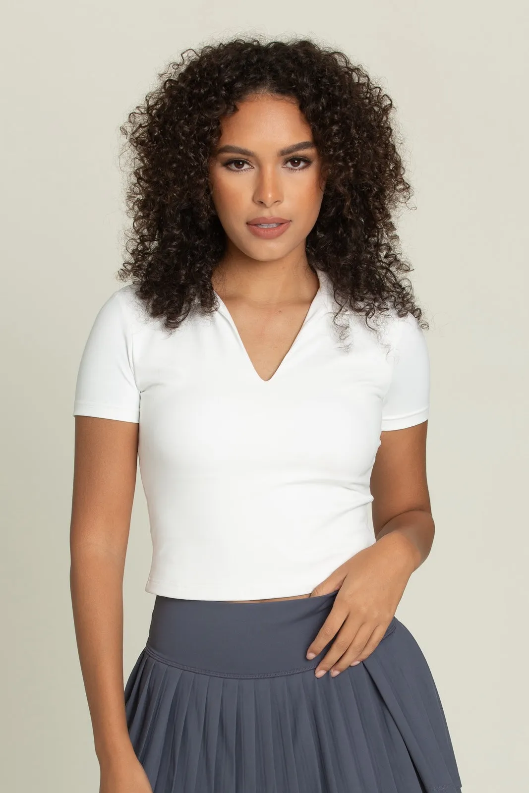 White Preppy V-Neck Polo Top