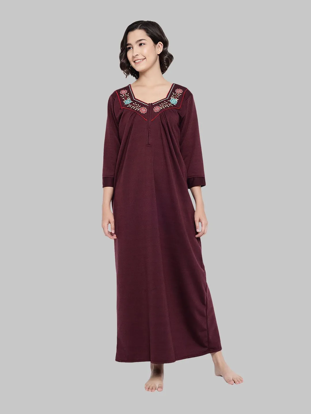 Wine Women's Solid Print Woolen Winter Nighty