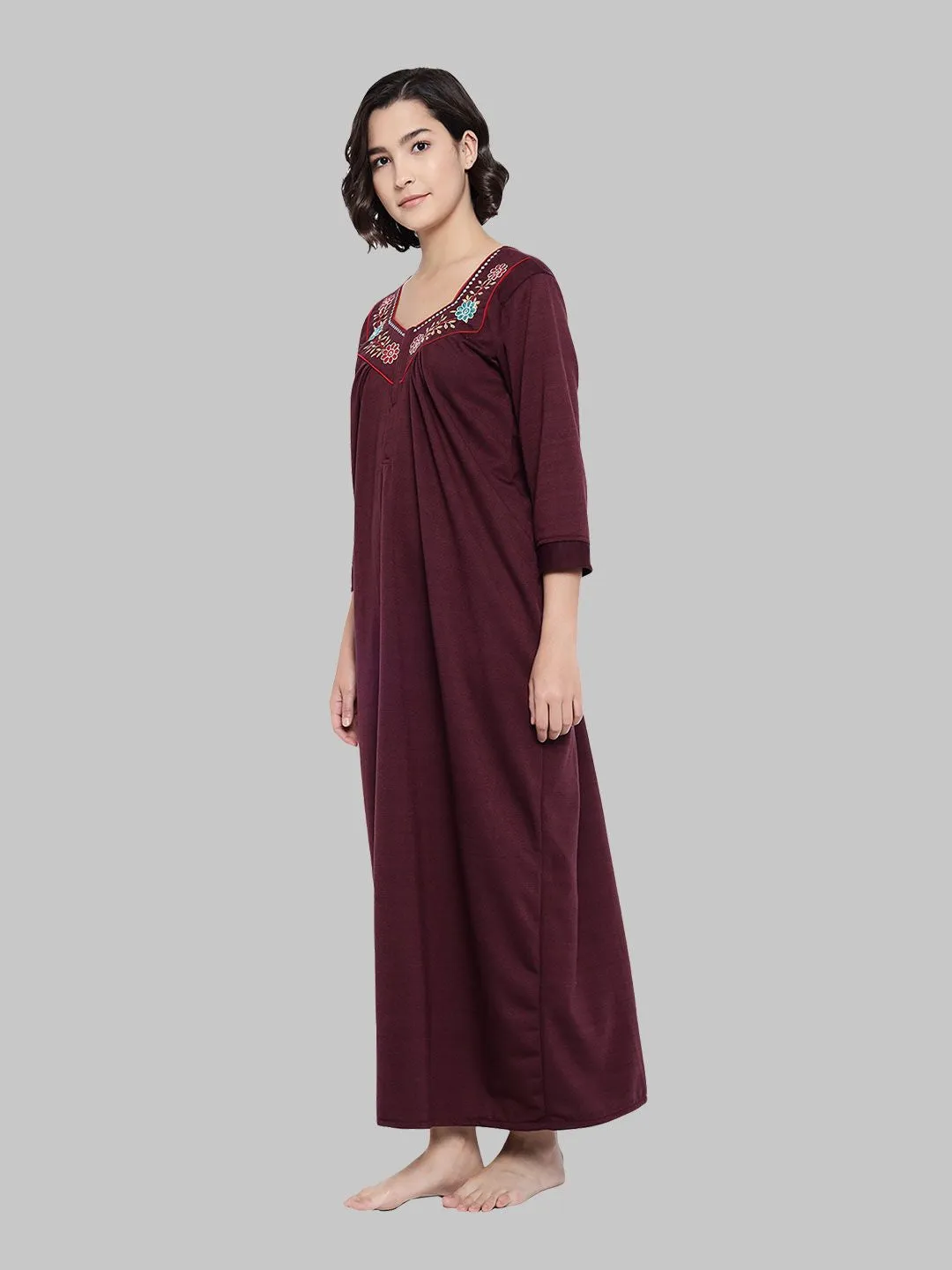 Wine Women's Solid Print Woolen Winter Nighty