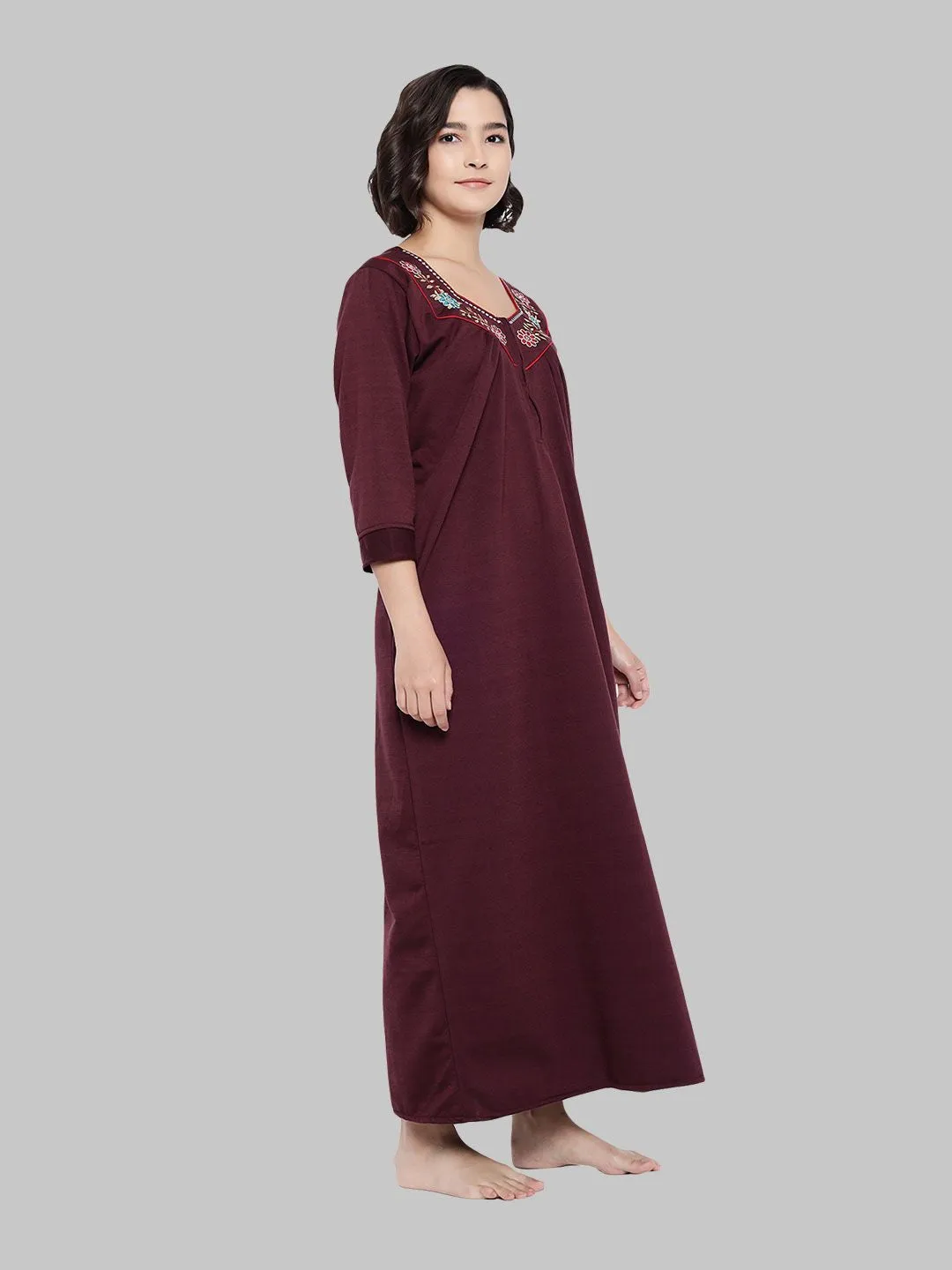 Wine Women's Solid Print Woolen Winter Nighty