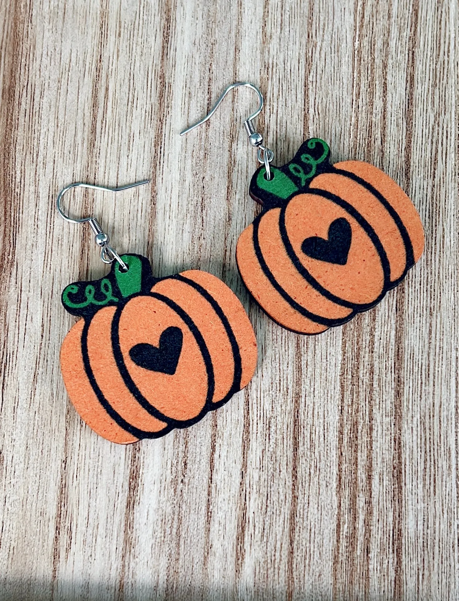 Wooden Pumpkin with Heart Drop Earrings